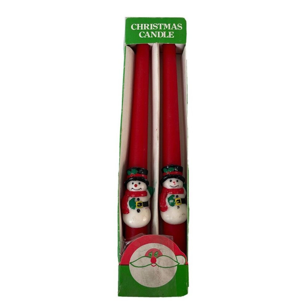 Christmas Taper Candle Pair with Snowman Accent - Red -